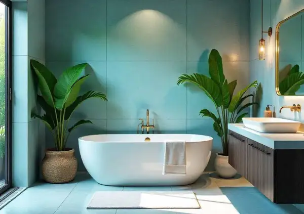Un moderno bagno verde e beige con vasca freestanding, piante rigogliose e lavabo integrato.