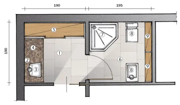 Progetto per un piccolo antibagno: lavabo (3), specchio (2), mobile (4), armadio (5), doccia (7), WC (6) e lavatrice (8).