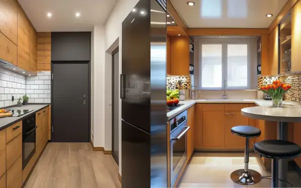 Soluzioni intelligenti per progetti cucine piccole e strette: mobili in legno, elettrodomestici a vista e un'area pranzo compatta.