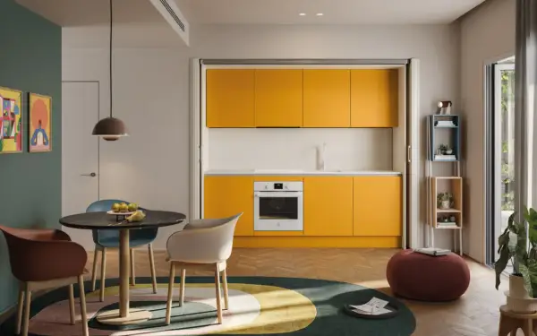 Una cucina piccola con mobili gialli vivaci, un tavolo rotondo con sedie colorate e un tappeto circolare.
