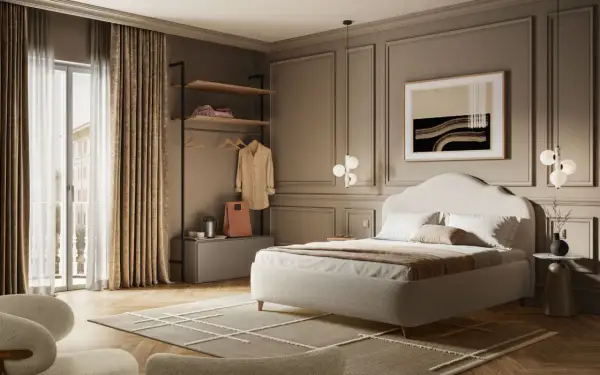 Camera da letto elegante, perfetta per arredare un B&B. Letto imbottito, armadio a giorno, poltrone e un quadro astratto creano un'atmosfera accogliente.