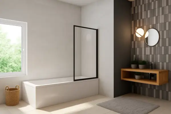 Bagno moderno con vasca e doccia integrate, separata da un pannello in vetro nero. Finestra luminosa, mobile lavabo in legno e specchio rotondo.