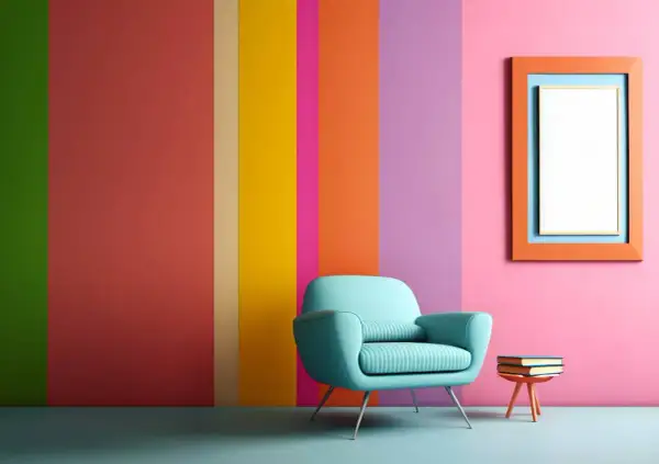 Poltrona azzurra su sfondo a strisce verticali con vivaci colori primaverili. Un quadro arancione e una pila di libri completano la scena.