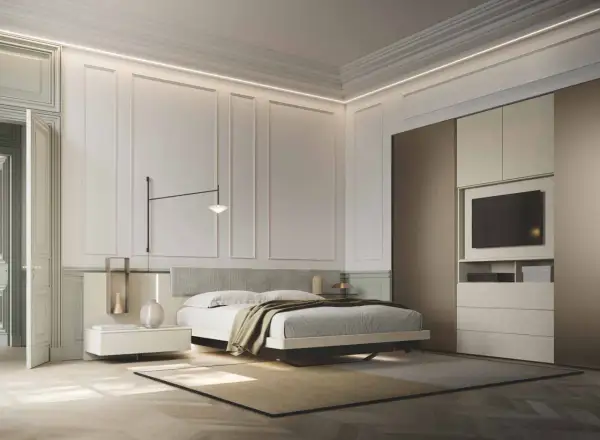 Camera da letto moderna con pareti decorate, letto king-size, comodini minimalisti e armadio a muro. Ottime idee pareti camera da letto moderna.